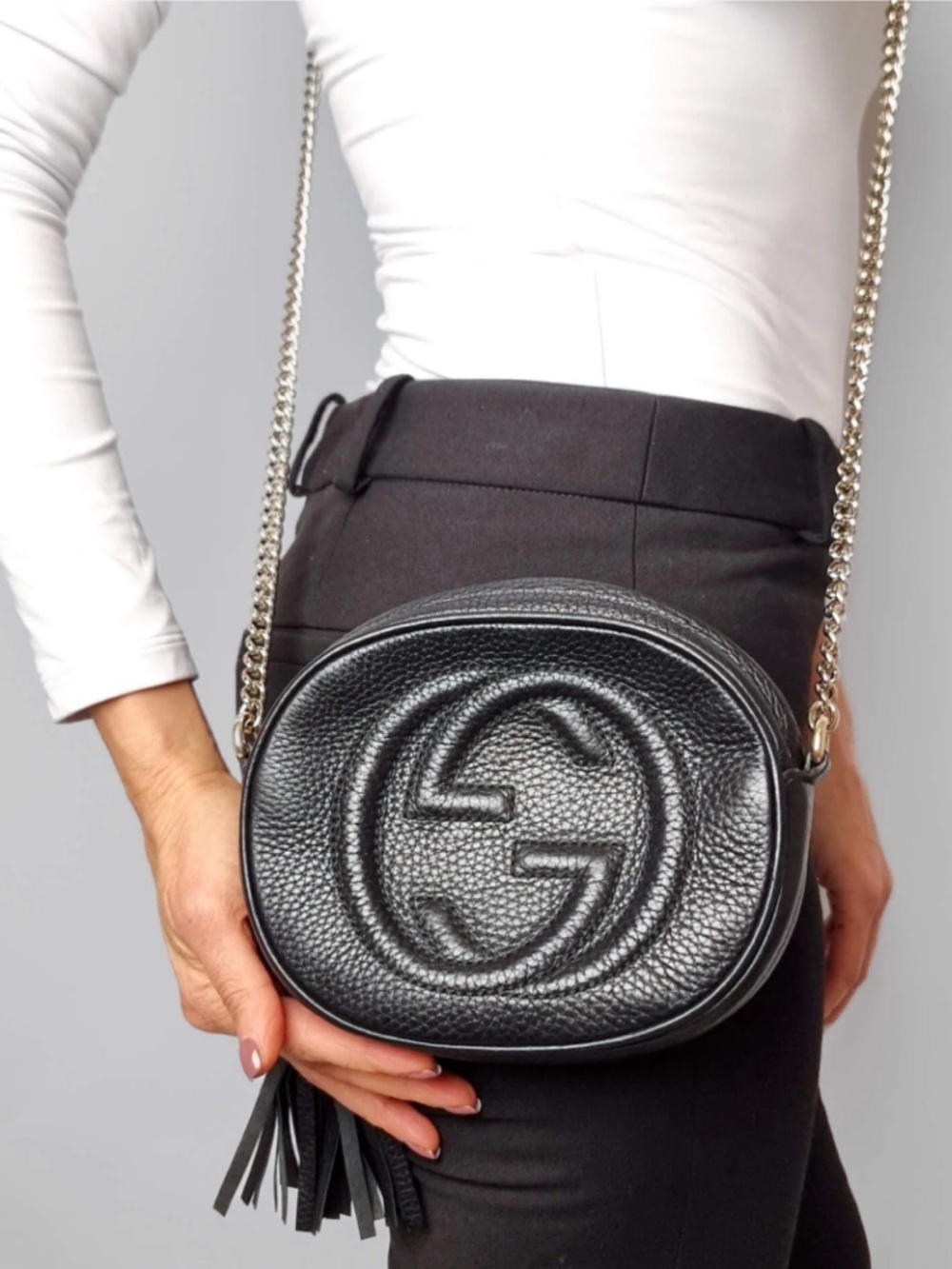 Gucci Black Pebbled Leather Crossbody with Tassel and Chain - Picture 2 of 6